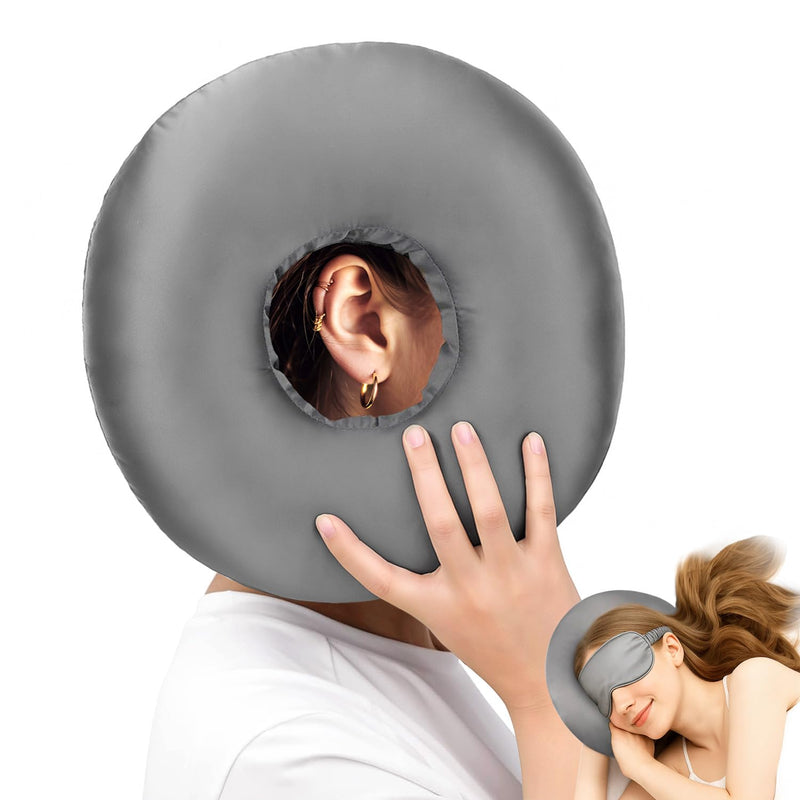 Ear Piercing Pillow for Side Sleepers - Silky Satin Piercing Pillow & Eye Mask Set with Ear Hole,CNH & Ear Pain Relief,Inflammation,Pressure Sores,Ear Guard,Washable Donut Pillow for Head Grey2
