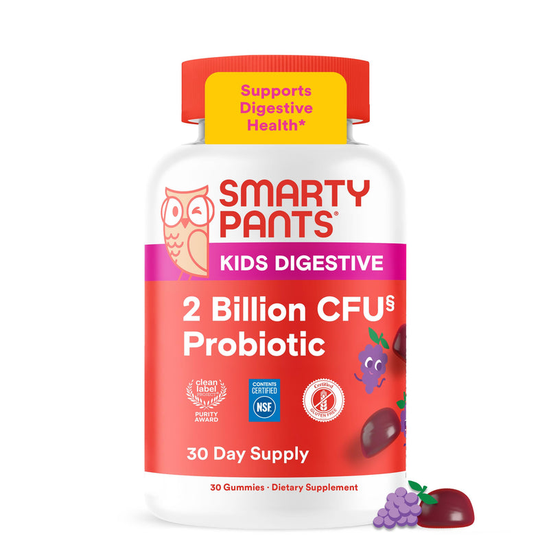 SmartyPants Kids Probiotic Gummies for Digestive Health: 2 Billion CFU Gut Health and Immune Support Supplement, Clinically Studied Probiotic, Gluten Free, Grape, 30 Count (30 Day Supply) 1 Count (Pack of 1) Grape Probiotic