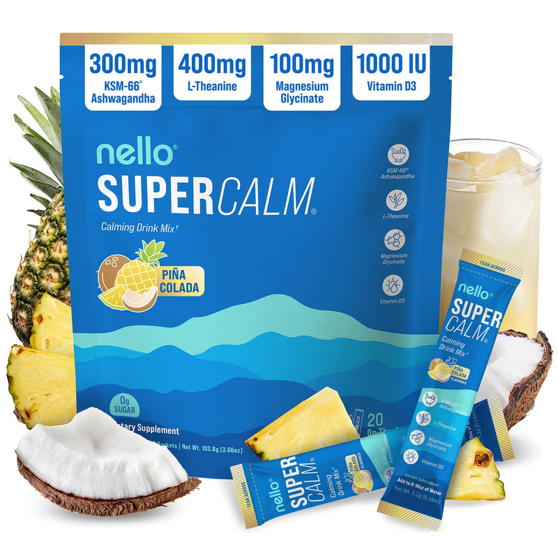 Nello Supercalm Powdered Drink Mix, Cortisol Reducer* and Sleep Aid Supplement, L Theanine, Ksm-66 Ashwagandha, Magnesium Glycinate, Vitamin D 3, No Sugar, Non GMO, On The Go, 20 Ct, Pina Colada 20 Servings (Pack of 1)