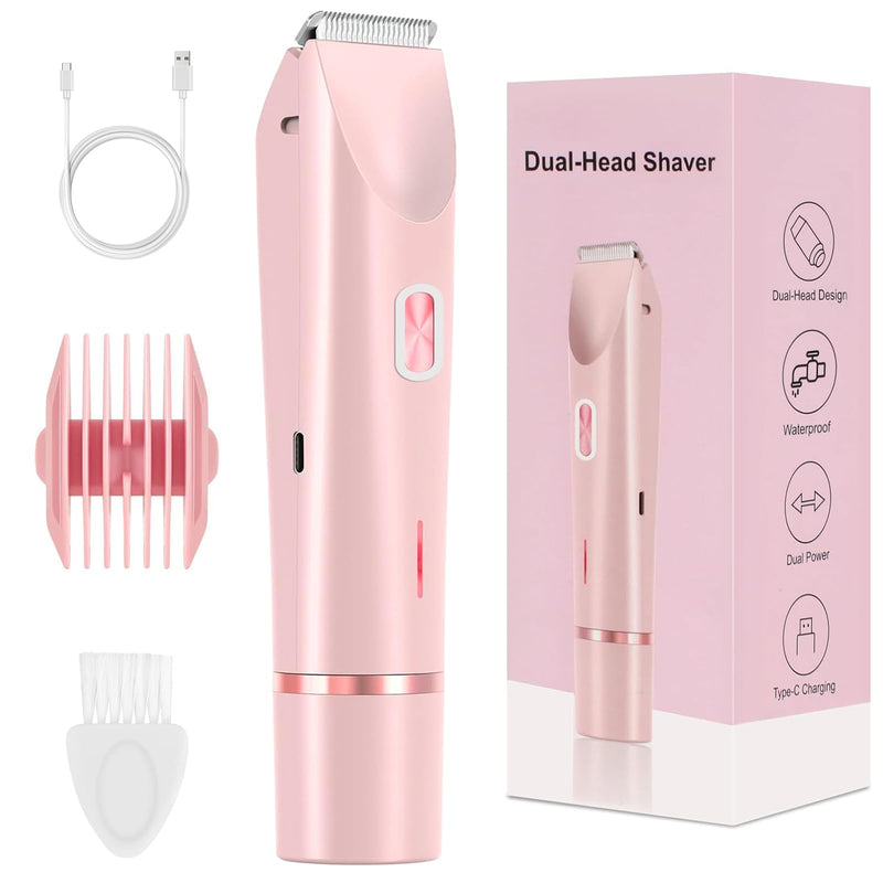 [Australia] - QNHMPW Bikini Trimmer for Women,Electric Razors for Women,2-in-1 Dual Head Shaver- Wet/Dry Shaver Groomer, Waterproof Hygiene Razor Used for Face, Underarm, Leg, Bikini Area(Pink) Pink 