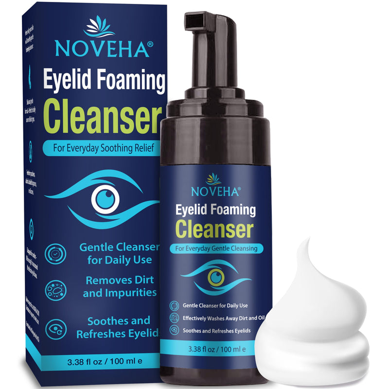 [Australia] - NOVEHA Eyelid Foaming Cleanser | Everyday Scrub for Soothing Relief | Refreshing Mild Eye Lid Wash to Remove Pollen, Dirt & Oil | Lash Shampoo & Makeup Remover to Support Healthy Eyes | 3.4oz 