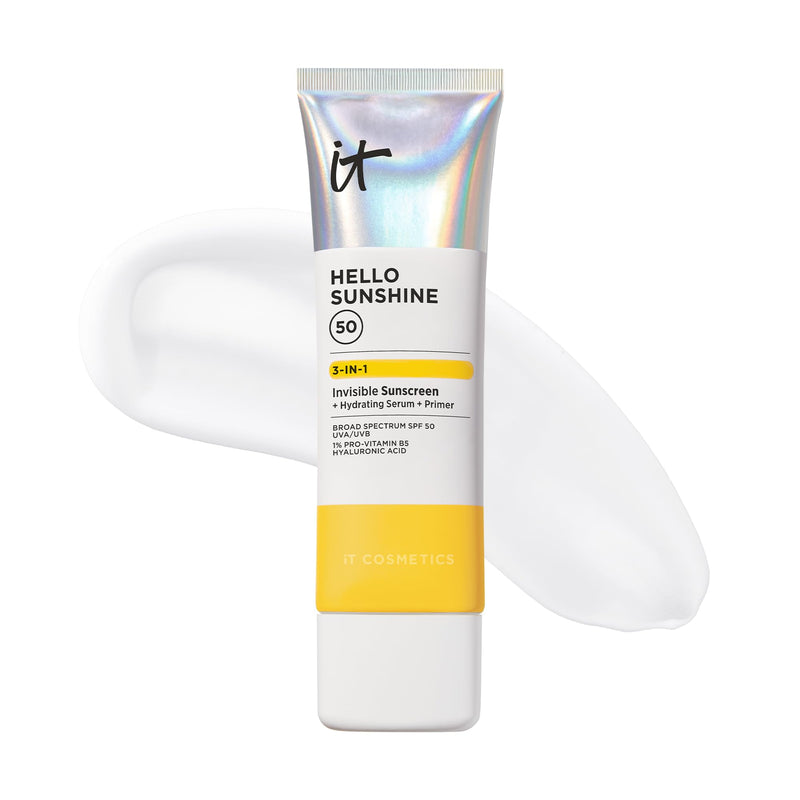 IT Cosmetics Hello Sunshine Hydrating Serum Facial Sunscreen SPF 50 | 3-in-1 Daily Face Sunscreen + Hydrating Serum + Makeup Primer - No White Cast, Sun + Pollution Protection for Face and Neck 2.7 Fl Oz