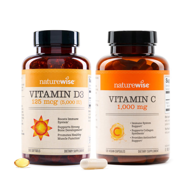 NatureWise Vitamin D3 5000IU (125mg) 360 Count + Vitamin C 1000mg Capsules 120 Count - Bundle for Daily Immune & Heart Health - Gluten Free, Non-GMO, Halal Gelatin