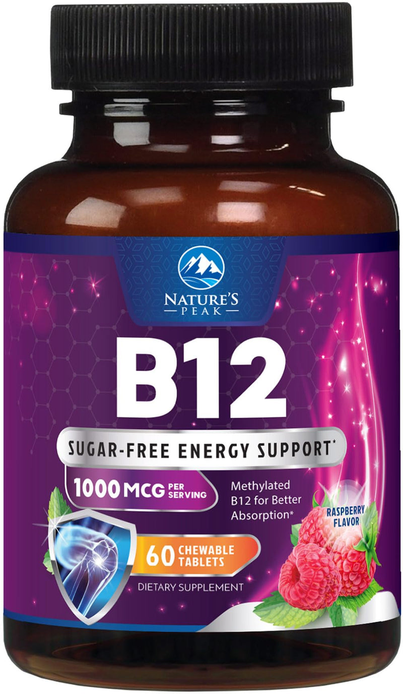 Vitamin B12 Complex (Methylcobalamin) 1000 mcg - 3X Strength B 12 Vitamins Supplement for Cellular Energy Metabolism, Nature's Nervous System Support, Bottled USA, Berry Flavor - 60 Chewable Tablets 60 Count (Pack of 1)