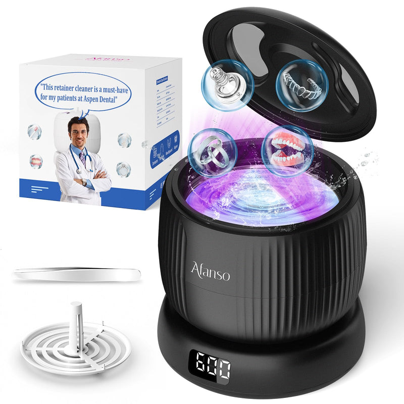 [Australia] - 50kHz Ultrasonic Retainer Cleaner Machine for Travel & Home, Portable Denture Cleaner with Removable Base, 4 Modes Timer, Dental Cleaning Pod for Aligners, Braces, Mouth Guard, Jewelry, Toothbrush Black 