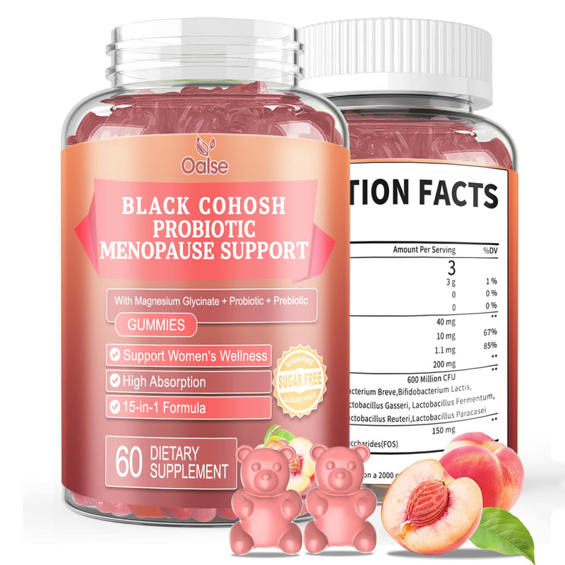 [Australia] - Black Cohosh Menopause and Menstrual Gummies with Magnesium, Vitamin E, Probiotic & Prebiotic - Hot Flashes* and Night Sweats* Relief Supplements - Vegan, Peach Flavored, 60 Counts 