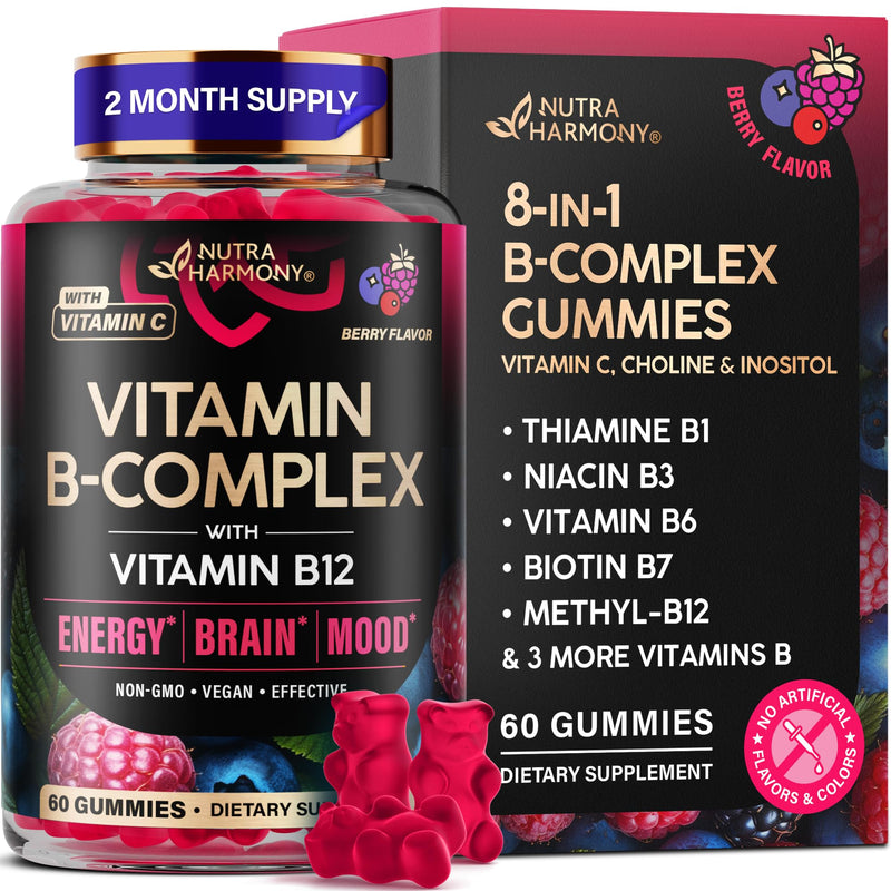 Vitamin B-Complex Gummies for Women & Men - Full B Complex & B12 - 60 Gummy | Vitamin B12, B1, B2, B3, B5, B6, B7 & B9 with Vitamin C & Choline - Energy, Brain & Mood - Natural Berry Flavor, Vegan 60 Count (Pack of 1)