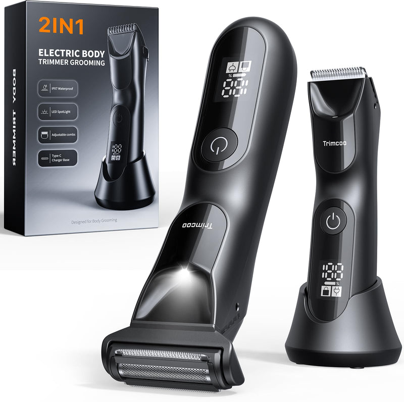 [Australia] - 2025 New Manscape Groin & Body Hair Trimmer for Men, 2 in 1 Electric Ball Pubic Trimmer & Shaver, Replaceable Blade Heads, USB-C Fast Charging, LED Display, Waterproof Wet/Dry Shaver, Black 