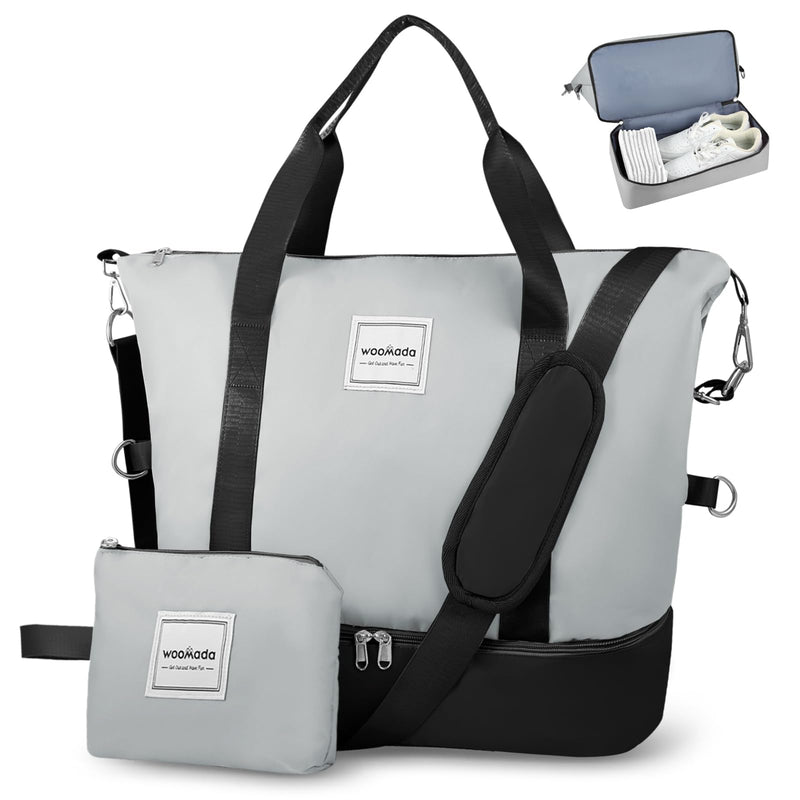 WOOMADA Weekender Bag for Women Travel,Overnight Bag with Shoe Compartment,Personal Item Travel Duffel(black&grey) Black&grey