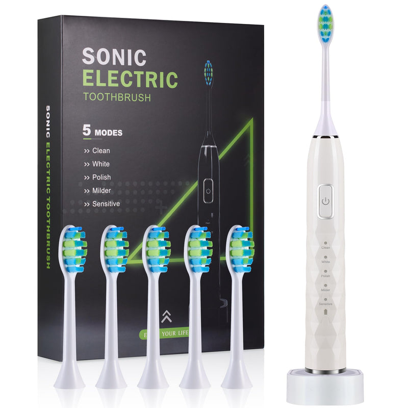Sonic Electric Toothbrush for Adults - Deep Cleaning Teeth Whitening6 Replacement Brush Heads100-Day Battery5 Modes w/SensitiveIPX7 Waterproof (Color Options) White