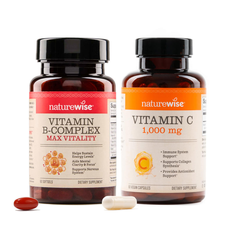 NatureWise B Complex Vitamins with Folic Acid 60 Count + Extra Strength Vitamin C 1000mg Capsules 60 Count - Bundle for Immune, Energy Levels, Heart Health Support - Soy, Dairy, Gluten Free, Non-GMO