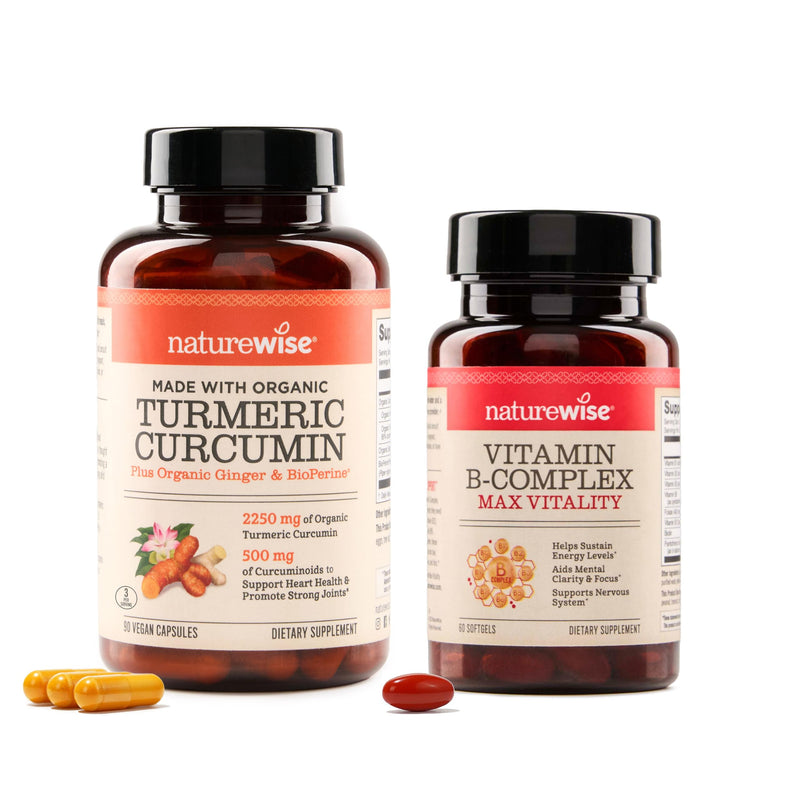 NatureWise Curcumin Turmeric 2250mg 95% Curcuminoids 90 Count + B Complex Vitamins with Folic Acid 60 Count - Bundle for Daily Immune Support, Bone & Heart Health - Gluten Free, Non-GMO