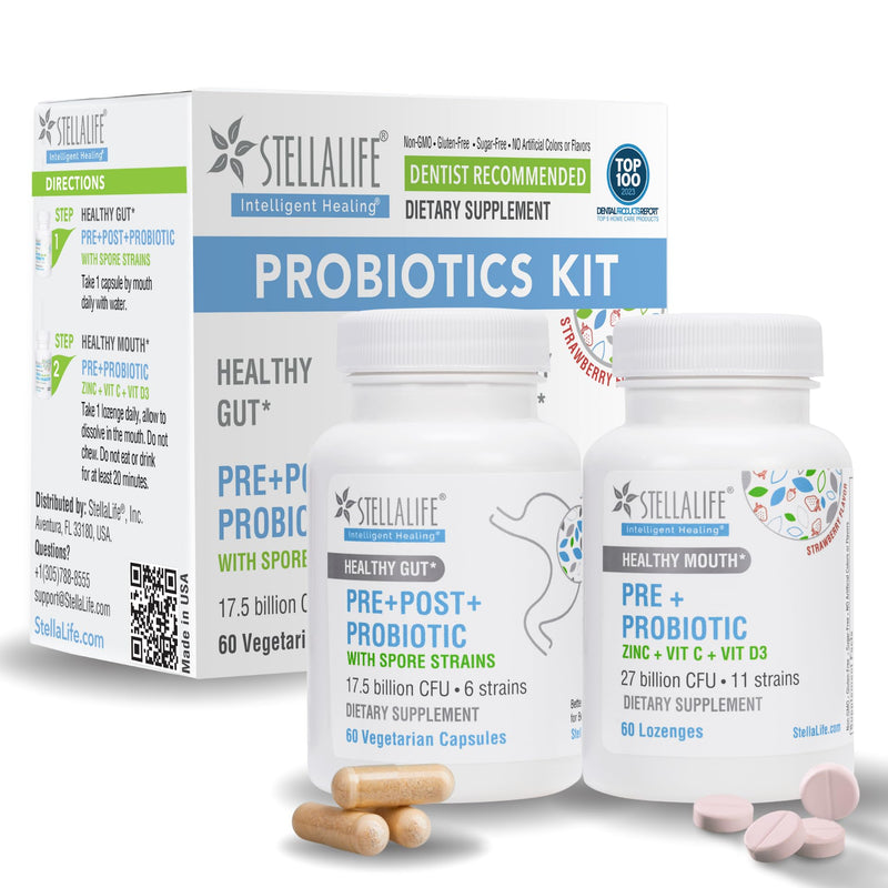 StellaLife Probiotics Oral & Gut Prebiotics Post Probiotics Kit: 44B+ CFU, 11 Oral & 6 Gut Spore strains for Digestive & Dental Health, Bad Breath Treatment, Tongue Hygiene, Strawberry Flavor, 60-Day Oral & Gut 60-day supply