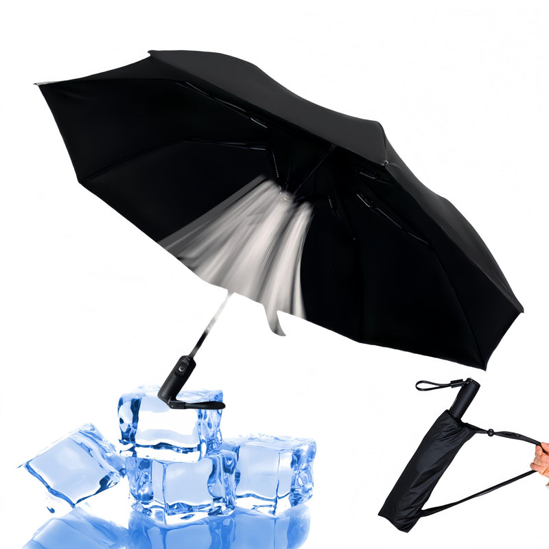 2-in-1 USB Rechargeable Cooling Umbrella with Built-In Fan | UV Sun Protection & Portable Design for Outdoor Activities Black