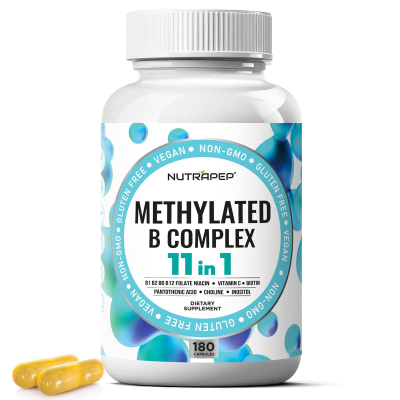NutraPep Methylated B-Complex Vitamins Complete Methyl Multivitamin | Bioactive B9 5-MTHF B6 B12 MTHFR Support Supplement for Brain Heart Energy - Vegan Gluten Free Sugar Free 180 Count (Pack of 1)