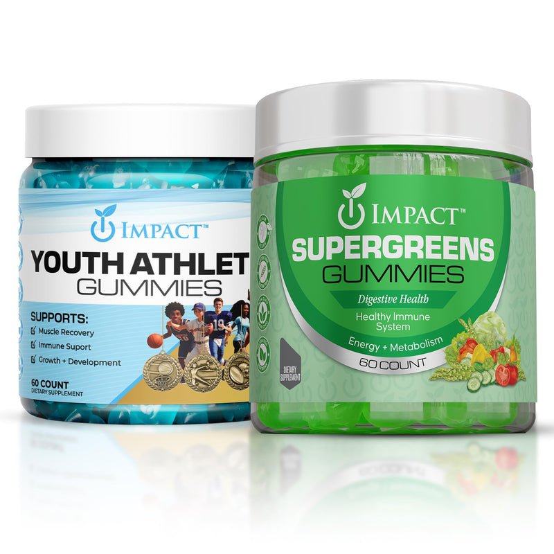 IMPACT Supergreens & Youth Athletic Gummies Bundle – Daily Multivitamin & Superfood Support for Kids & Adults – Fiber, Essential Nutrients, Omega-3, Zinc, & Immunity Boost – Vegan & Gelatin-Free (60)