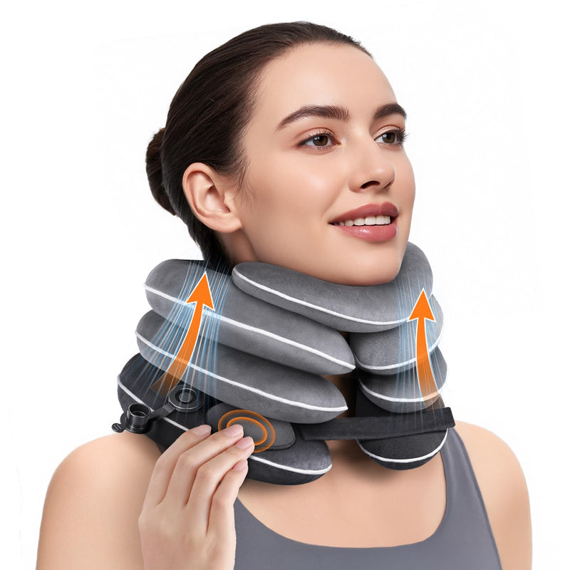 [Australia] - Built-in Inflatable Neck Stretcher, Cervical Traction Device with High-Front & Low-Back for Effective Traction and Support, Neck Decompression Devices with 3-Layer Chambers in Varied Sizes, Home Use Gray 