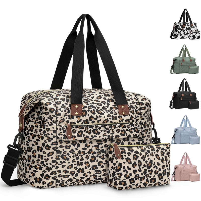 Pritent Travel Duffle Bag, Weekender Overnight Personal Item Carry On Bag | Waterproof, Duffel Bag, with Toiletry Bag, Removable Strap, Hospital Bag for Labor Delivery, Airplane Travel, Gym Large Leopard