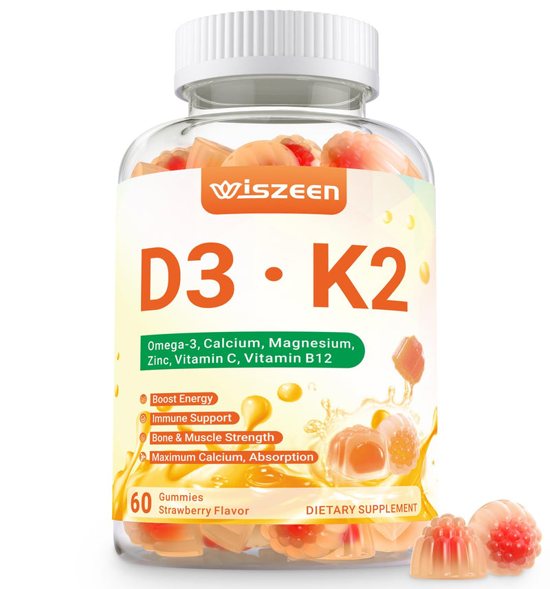 Vitamin D3 K2 Gummies, D3 K2 Vitamin with Omega 3, Calcium, Magnesium | for Bone Muscle Teeth Immune, Sugar Free 60 Count (Pack of 1)