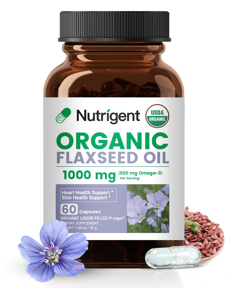 [Australia] - USDA Certified Organic Flaxseed Oil 1000 mg, Cold Pressed 100% Pure with Plant-Based Omega 3 ALA Essential Fatty Acids for Heart & Skin Health, 60 Capsules 