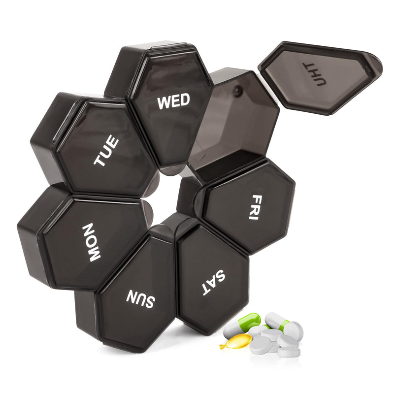 [1Pack] 7-Day Weekly Pill Organizer,Daily Vitamin Case,Pill Box Black | [Pill Box for Medication Management]