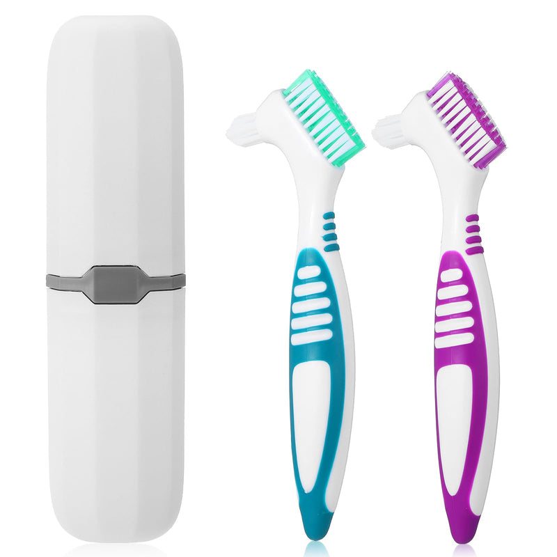 [Australia] - 2pcs Denture Brush, Denture Cleaning Brush Set with White Carrying Case Denture Toothbrushes with Multi-Layered Soft Bristles and Rubber Anti-Slip Handle (Purple + Green) 