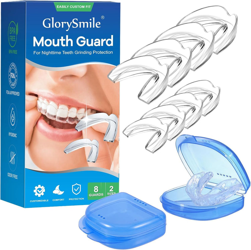 Mouth Guard for Clenching Teeth at Night, Upgraded Night Guards for Teeth Grinding, Pack of 8 Adjustable Mouth Guards for Comfortable Fit, 2 Sizes with Two Travel Cases 8 Units