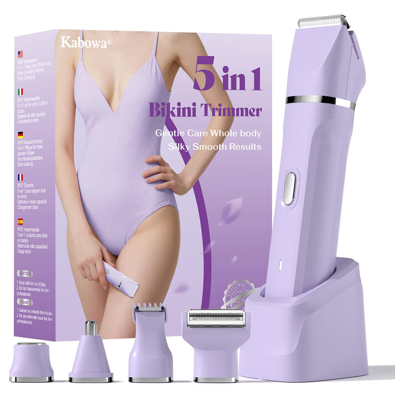 Bikini Trimmer for Women - 5 in 1 Electric Razors for Ladys Pubic Facial Nose Body Leg Hair Removal, Waterproof Electric Shaver for Women Private Area Sensitive Skin, Personal Hair Trimmer Purple