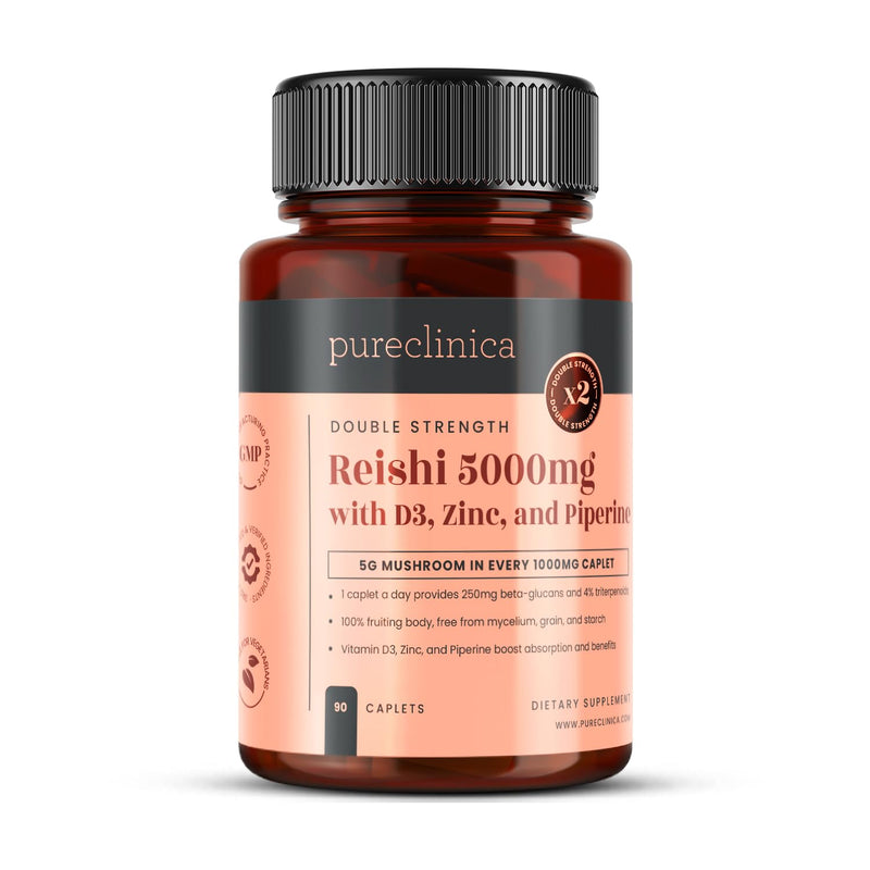 pureclinica Reishi Mushroom Extract 1000mg (5:1) per Tablet – 90 Caplets (3-Month Supply) – with Vitamin D3 (25µg), Zinc (15mg) & Piperine (5mg) – Fruiting Body (Ganoderma lucidum) 90 Count (Pack of 1)