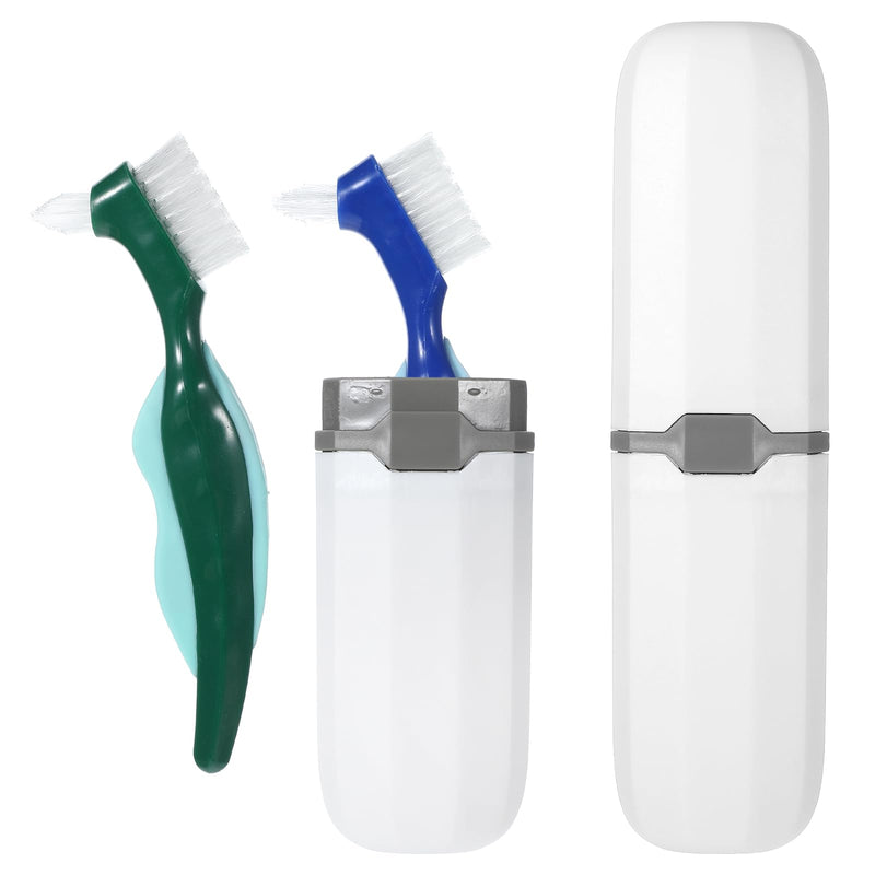 [Australia] - Gjinx Denture Brush, 2PCS Double Sided Denture Toothbrushes with 1 White Case for Dentures Cleaning Care, Retainer Brush with Ergonomic Rubber Handle for Effective Cleaning 