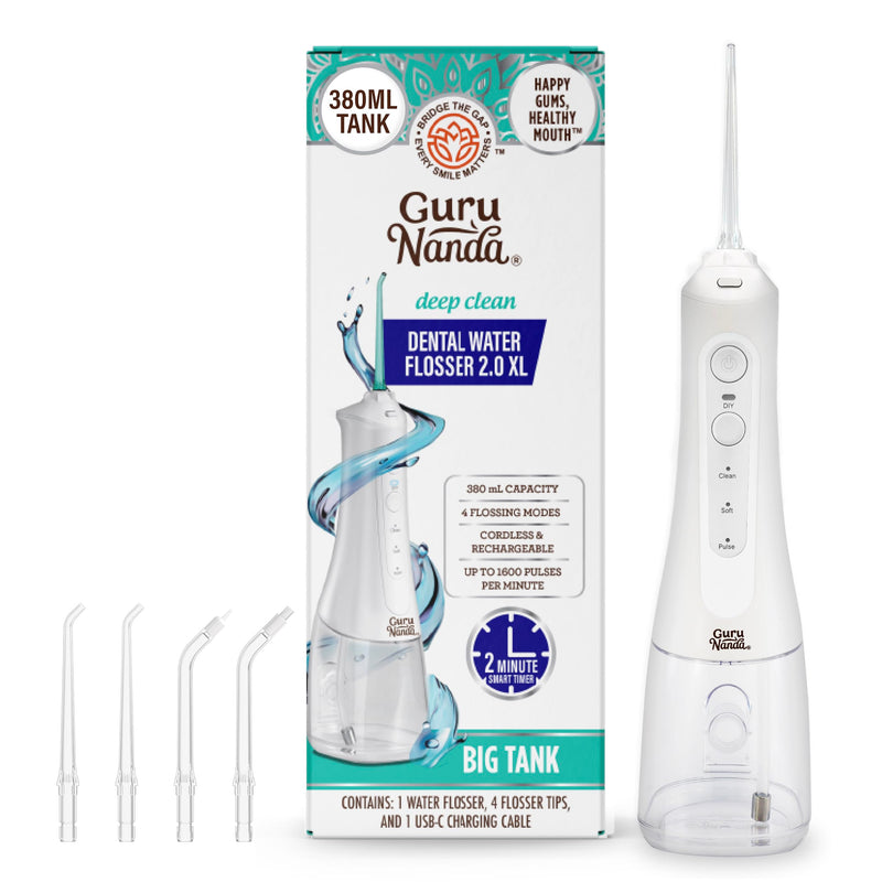 [Australia] - GuruNanda Water Dental Flosser 2.0 XL ‚Äì 380ML Large Tank, 4 Flossing Modes, Cordless & Portable with Smart Timer for Deep Cleaning & Happy Gums - White 