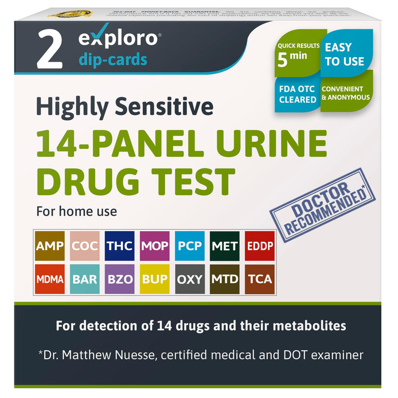 Exploro 14 Panel Urine Drug Test Kit, Instant Home Multidrug Screen, 2 Pack | Detects Marijuana, Cocaine, Opiates, MDMA, Methadone, Oxycodone, Barbiturates and More, Clear Results in About 5 Minutes 2 Count ( Pack of 1)