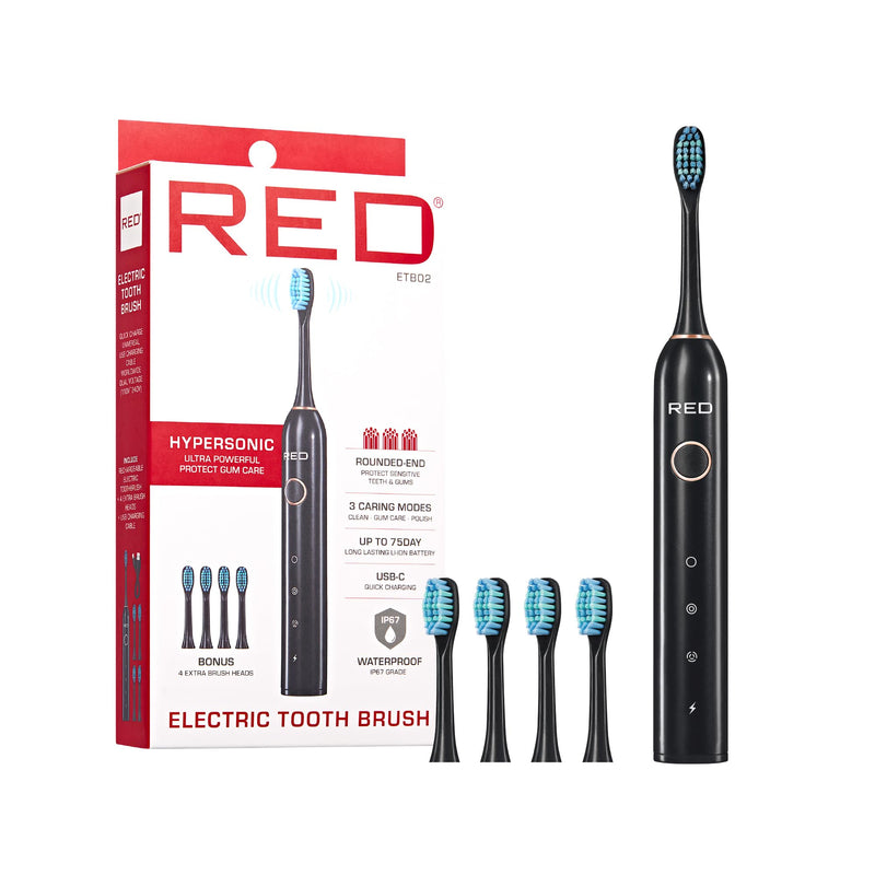 Red by Kiss Hypersonic Ultra Powerful Electric Toothbrush – 3 Cleaning Modes, Gum Care Protection, 75-Day Battery, USB-C Fast Charging, Waterproof IP67, with Extra Brush Head Set (Black) Black 2