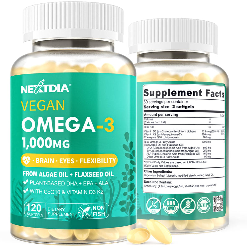 [Australia] - 2 Pack Vegan Omega 3 D3 K2 CoQ10 Supplement, Plant Based DHA EPA ALA for Women Men, Omega 3 Organic Algae Flaxseed Oil Supplement for Bone, Brain, Eye & Immune Support, No Carrageenan, 240 Softgels 120 Count (Pack of 2) 