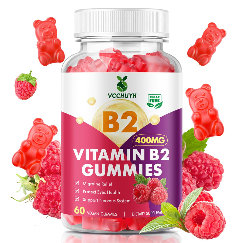 Vitamin B2 Gummies for Kids & Adults, VIT B2 Riboflavin 400mg Supplement with Magnesium for Migraine Relief & Nervous System Support, Non-GMO, Vegan, Raspberry Flavor 60 Count 60 Count (Pack of 1)