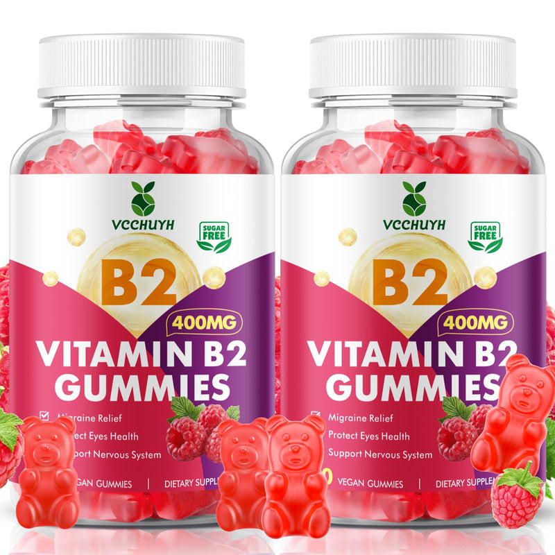 Vitamin B2 Gummies for Kids & Adults, VIT B2 Riboflavin 400mg Supplement with Magnesium for Migraine Relief & Nervous System Support, Non-GMO, Vegan, Raspberry Flavor 120 Count 60 Count (Pack of 2)