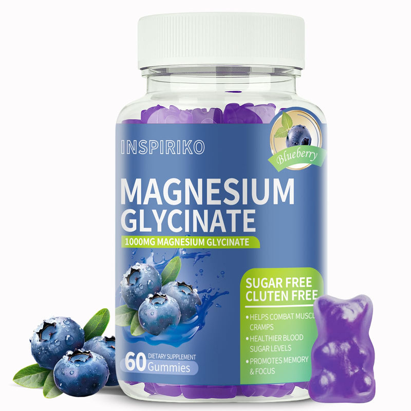 Magnesium Glycinate Gummies 1000mg - Sugar-Free Magnesium Potassium Supplement with Vitamin D, B6, CoQ10 for Adults & Kids,High Absorption for Calm Mood & Sleep Support - 60 Blueberry Gummies