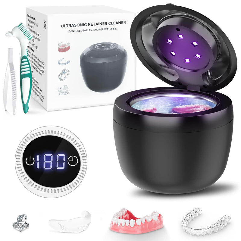[Australia] - 45kHz Ultrasonic Retainer Cleaner Machine, 200ML Denture Cleaner, 4 Modes with Digital Timer Mouth Guard Cleaner, Night Guard Cleaner Dental Cleaning Pod for Aligner, Braces, Jewelry (Dark Black) 
