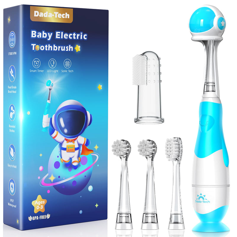 [Australia] - Toddler Electric Toothbrush Kids Age 1-2-3 Years Old, Infants & Baby Electric Toothbrush with Finger Tooth Brush, Cute Cover, LED Light, 2 Minutes Timer, 4 Brush Heads, Suction Cup (Blue Astronaut) Blue Astronaut 1 Count (Pack of 1) 
