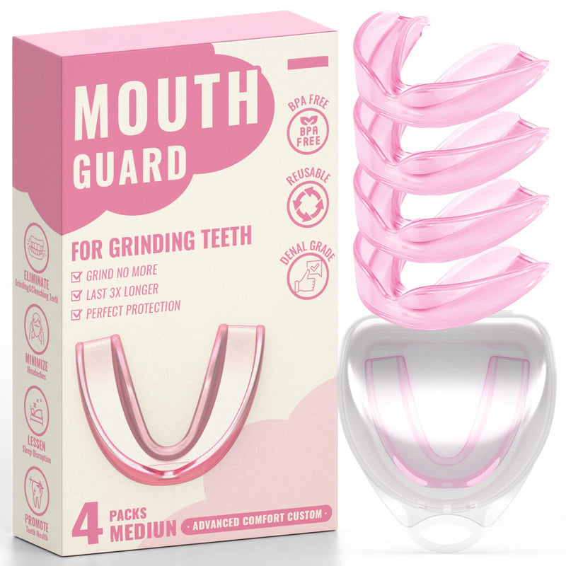 [Australia] - 4 Pack Pink Mouth Guards for Women and Teens, Medium Size, Moldable Night Guards for Teeth Grinding and Clenching, Comfortable Bite Guards, Stylish Custom Dental Guards for Protection 