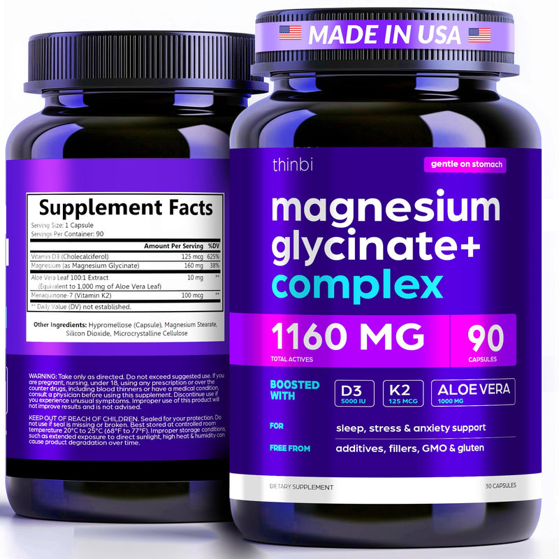 [Australia] - Magnesium Glycinate 1160mg + Aloe Vera, D3 & K2 Complex 90 Capsules - High Absorption, Non-Laxative - Supports Healthy Stress Response, Muscle Function & Healthy Metabolism Chelated Formula 