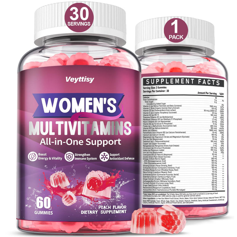 Methylated Multivitamin Gummy for Women | Multi Vitamin Gummies with A C D E, Methylated Folate, Biotin, B Complex, Iron, CoQ10, Inositol - Sugar Free 60 Count Peach 60 Count (Pack of 1)
