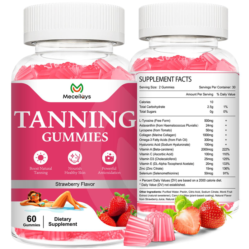 [Australia] - 2 Pack Tanning Gummies for Women, Daily Tanning Supplement Melanin Tan Gummy Chew with Astaxanthin Vitamin Beta Carotene Work Fast Without Sun for Men, Vegan Sugar Free,Strawberry Flavor,120 Count 60 Count (Pack of 2) 