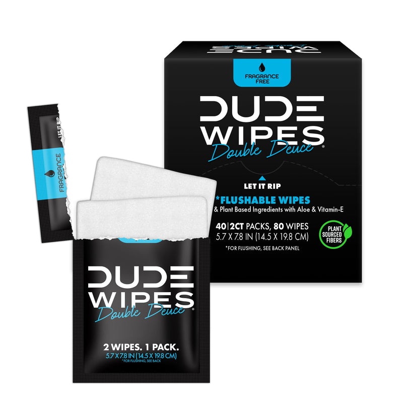 DUDE Wipes Double Deuce On-The-Go Flushable Wipes, 2 Per Pack, 80 Count | 40 packs of 2 unscented flushable butt wipes. Travel essentials. Hypoallergenic, 99% water, vitamin E and aloe. Septic safe. Fragrance Free 80 Count (Pack of 1)