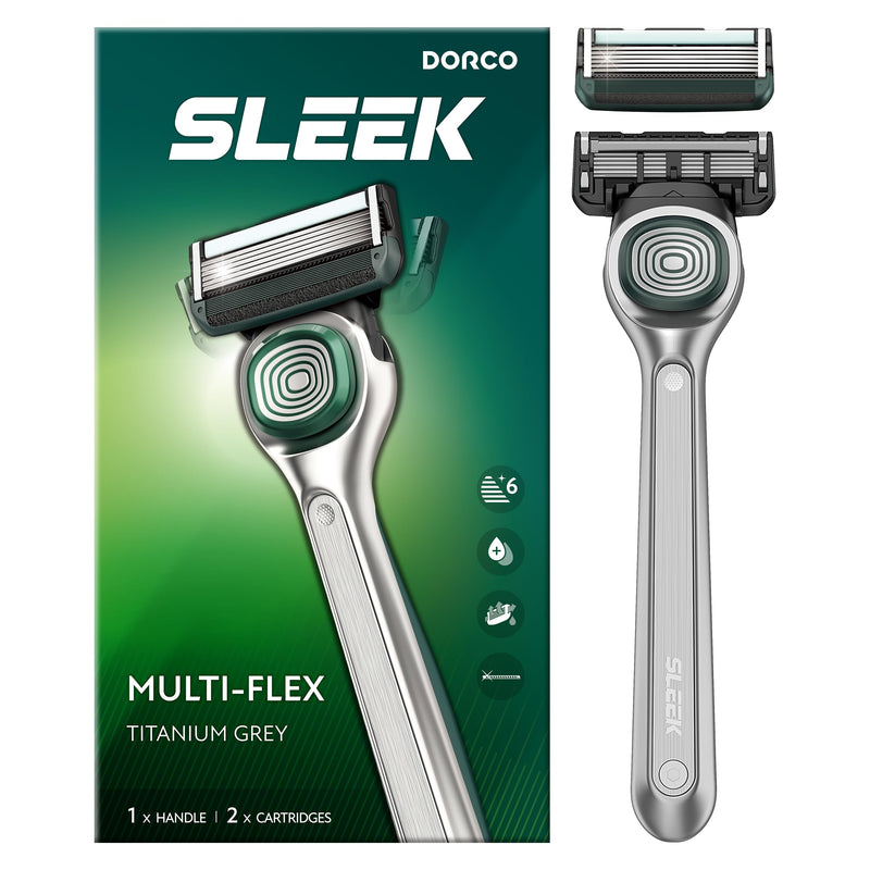 [Australia] - DORCO SLEEK Six Blade Razor System with Multi-Flex Technology, Precision Shaving Razor Handle, Includes 2 Cartridges 