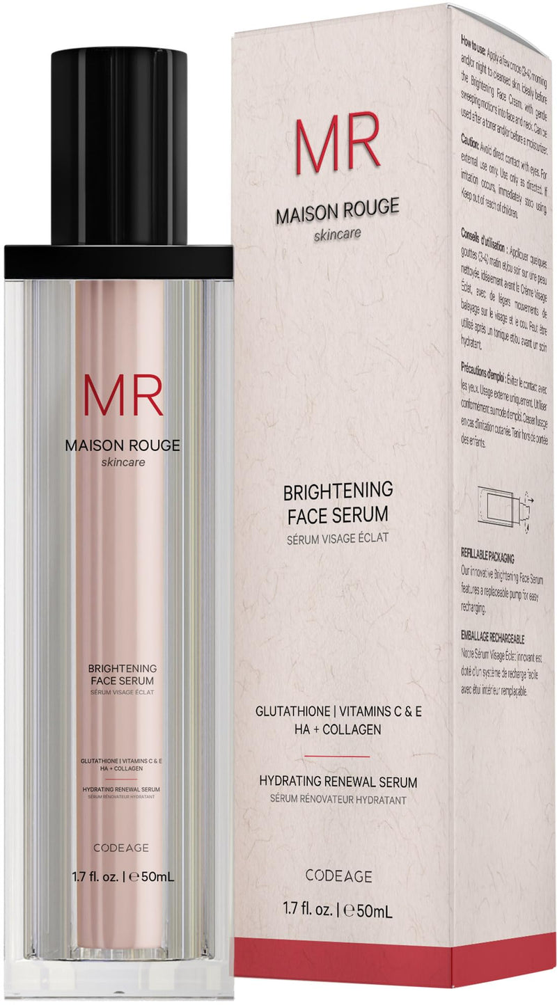 Maison Rouge Brightening Face Serum by Codeage - Glutathione Serum, Vitamin C, E, Hyaluronic Acid, Collagen - Radiance Enhancing - Parabens and Sulfates-Free - Refillable - All Skin Types - 1.7 fl oz Face Serum - 1.7 fl oz