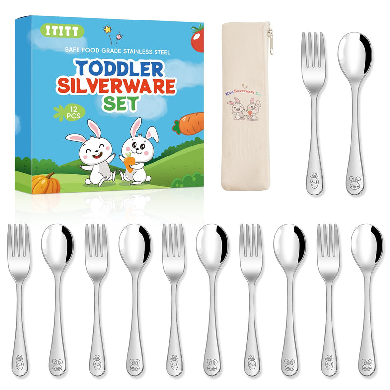[Australia] - 12 Pieces Stainless Steel Toddler Utensils Set - Food Grade Kids Silverware Set Children Safe Small Forks and Spoons Mirror Polished Sturdy and Durable Dishwasher Safe 