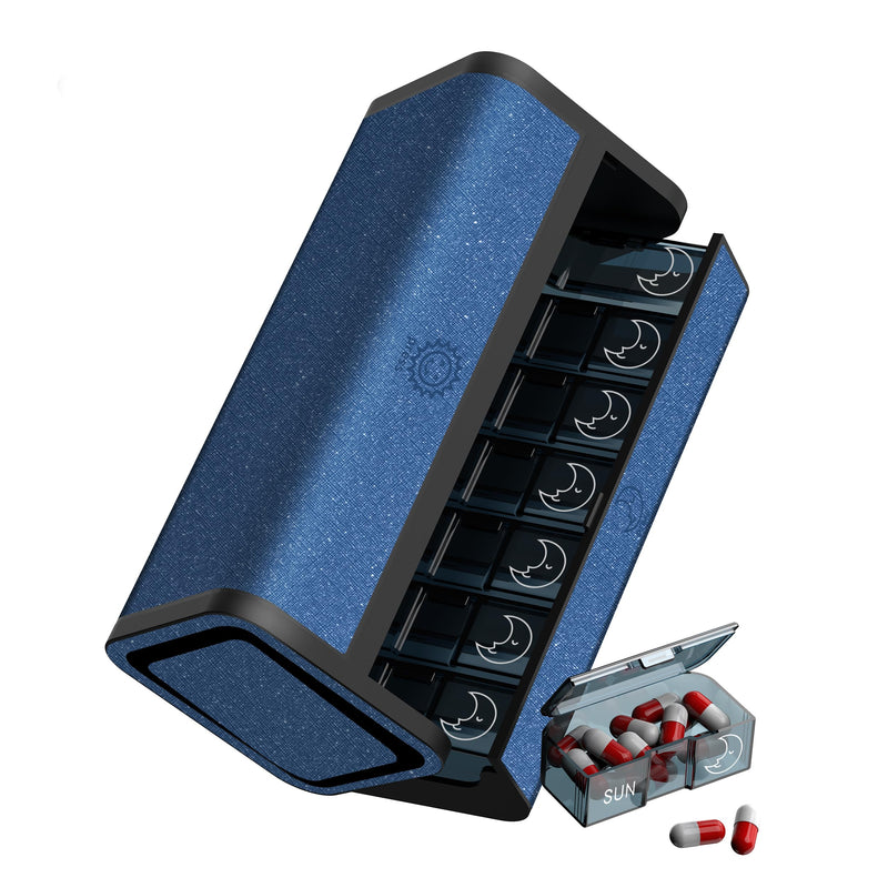 Weekly Pill Organizer, Travel AM PM Pill Box 7 Day, Large Removable 2 Times a Day Medicine Case, Luxury Twice Daily Portable Foldable Vitamin Dispenser for Supplement (Blue) Blue