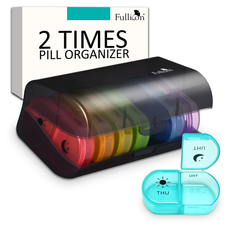 Fullicon Large Medicine Pill Organizer 2 Times a Day, AM PM 7 Day Travel | Each Compartment Holds 6 Fish Oils or 10 Vitamins, One Finger Open Lid, Double Secure Lock, Sturdy Hinges, Black Rainbow