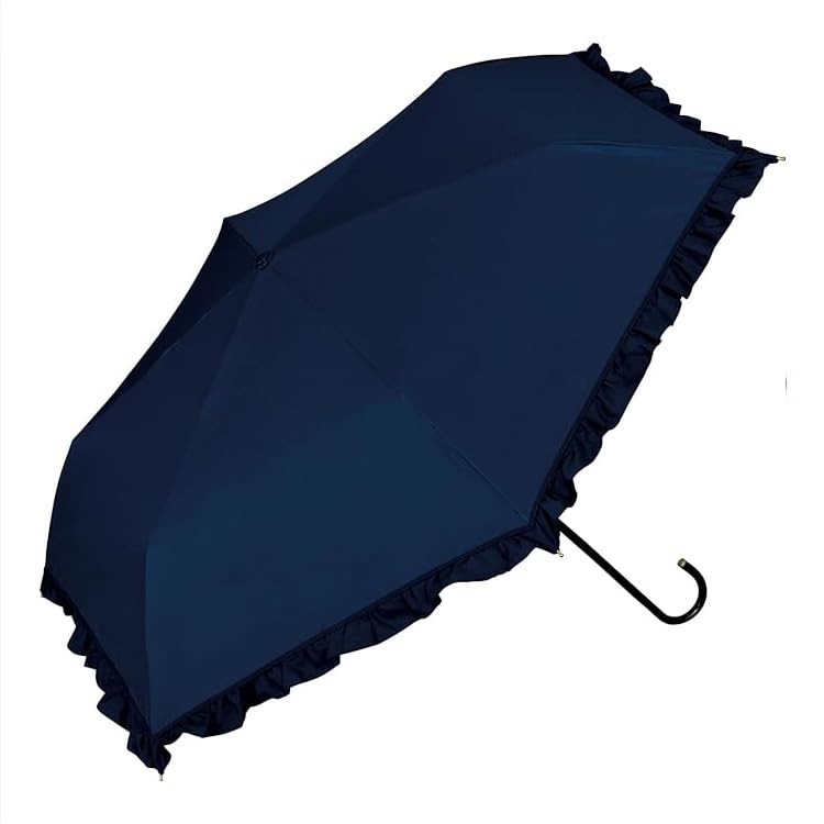 Classic Frill Folding Umbrella Navy – UV Protection & 100% Light Block – Elegant & Cute Mini Umbrella for Women – Sun & Rain Umbrella Lightweight & Compact